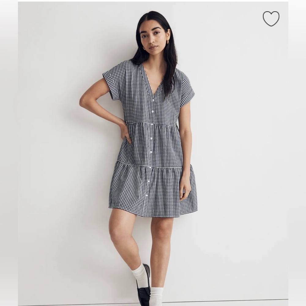Madewell cuff sleeve v neck mini gingham dress